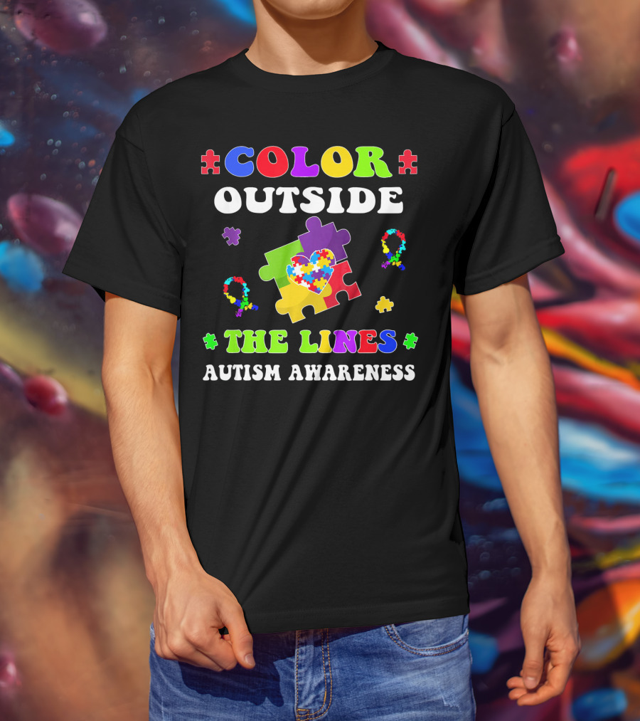 Color Outside The Lines Autism Awareness Puzzle Piece Heart T-Shirt
