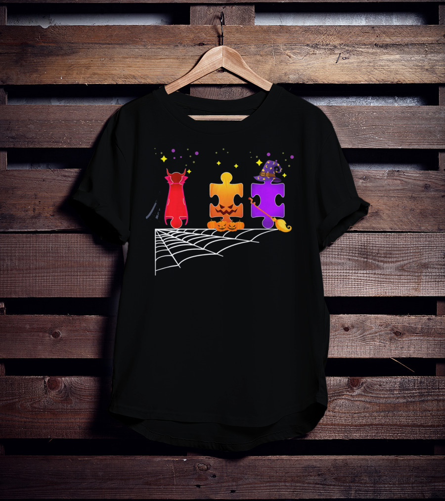Autism Puzzle Pieces Halloween Witch And Vampire T-Shirt