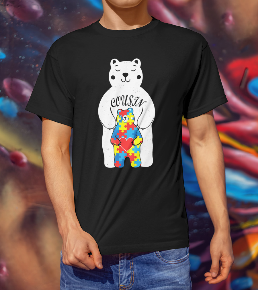 Cousin Bear Holding Autism Awareness Puzzle Heart ASD T-Shirt