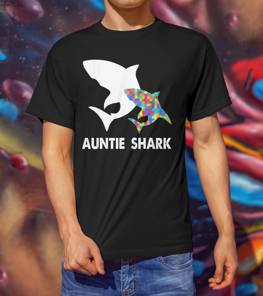 Auntie Shark Autism Puzzle Piece Warrior T-Shirt