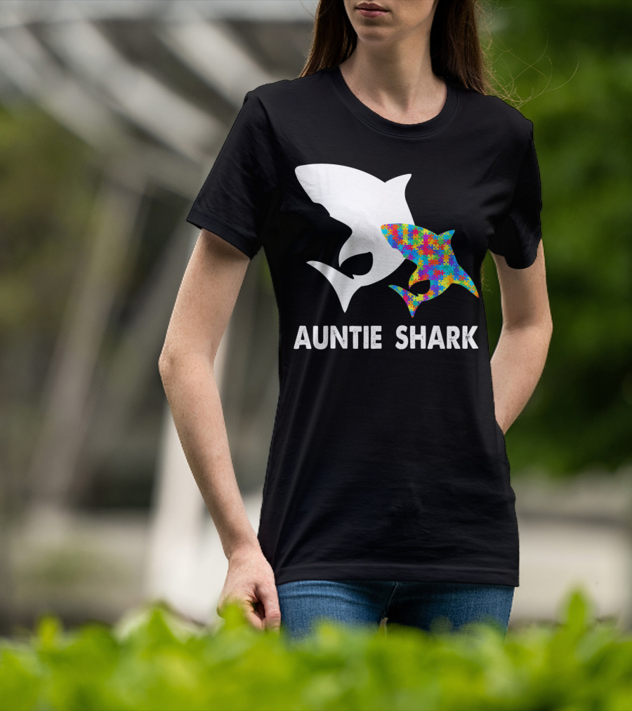 Auntie Shark Autism Puzzle Piece Warrior T-Shirt