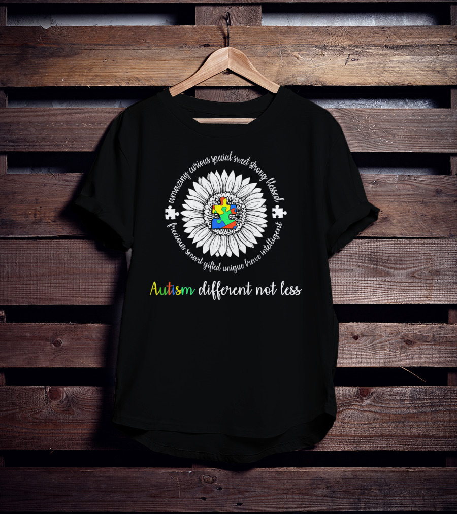 Autism Different Not Less Daisy Flower With Puzzle And Positive Words T-Shirt