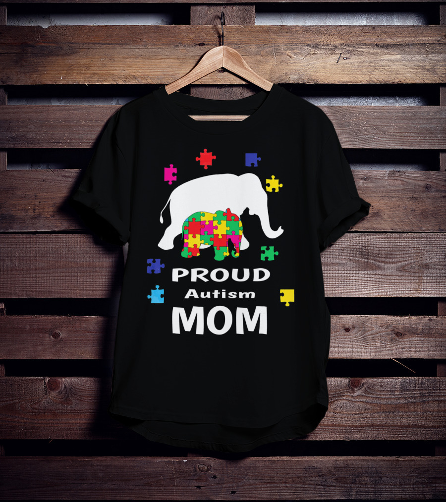 Proud Autism Mom Elephant Puzzle Piece Awareness T-Shirt