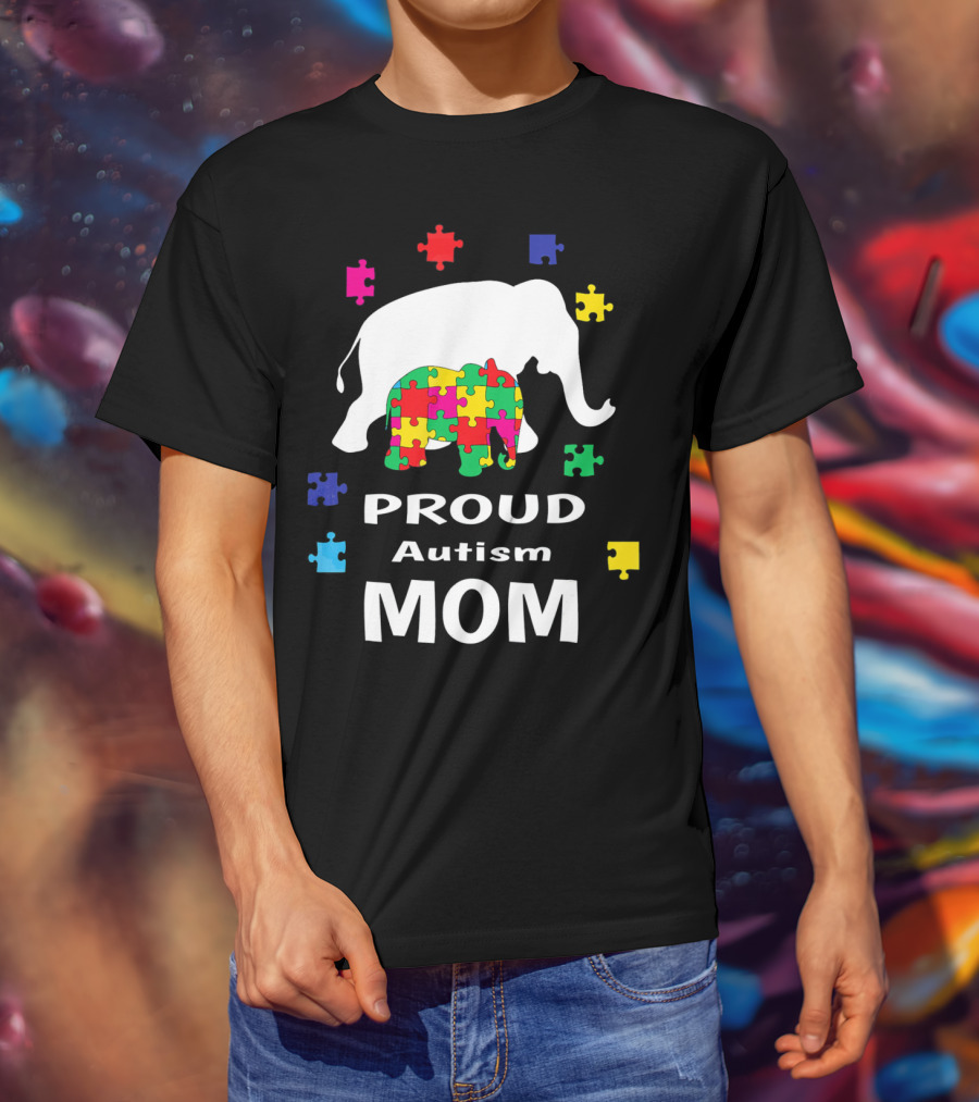 Proud Autism Mom Elephant Puzzle Piece Awareness T-Shirt