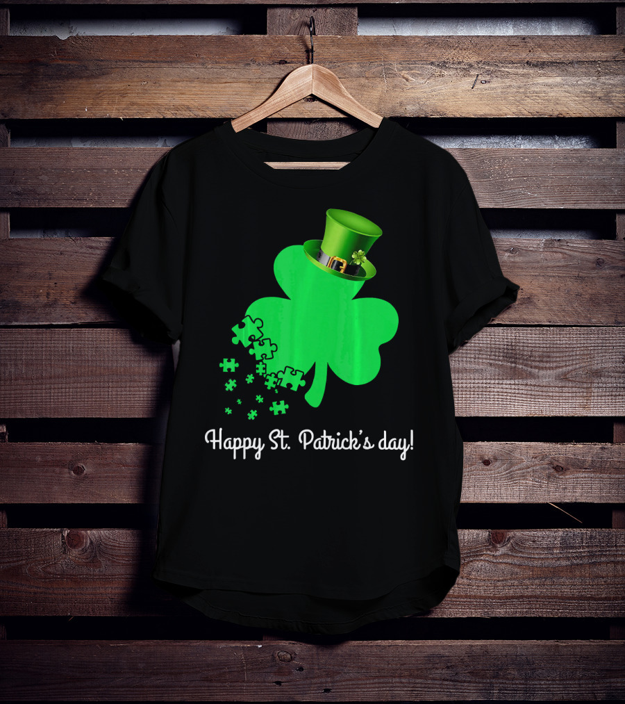 Happy St. Patrick's Day Shamrock With Puzzle Pieces Autism Awareness T-Shirt