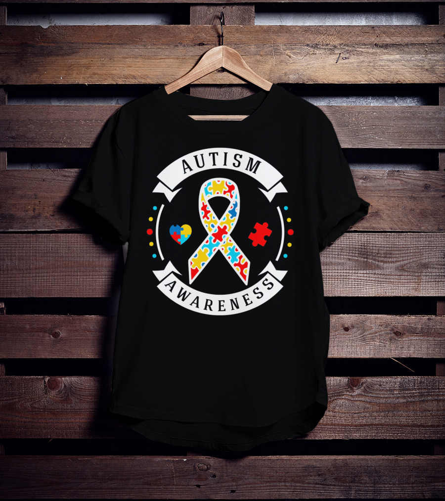 Autism Awareness White Puzzle Piece Ribbon Heart T-Shirt