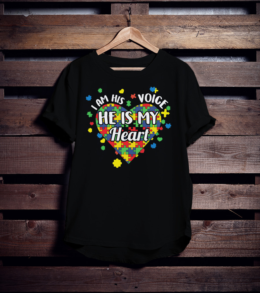 I Am His Voice He Is My Heart Autism Awareness Puzzle Heart T-Shirt