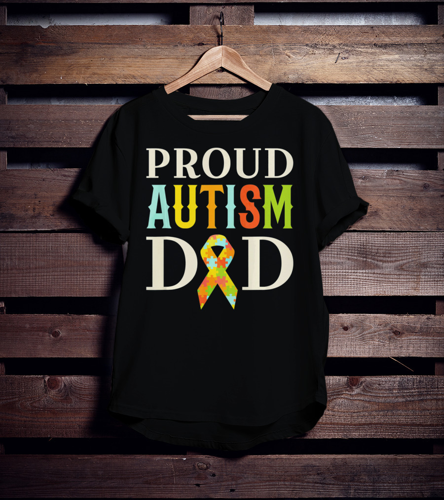 Proud Autism Dad Multicolor Puzzle Ribbon Awareness T-Shirt