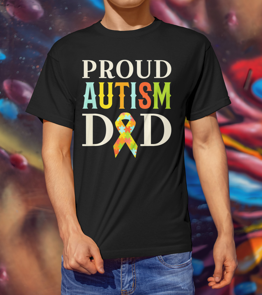 Proud Autism Dad Multicolor Puzzle Ribbon Awareness T-Shirt