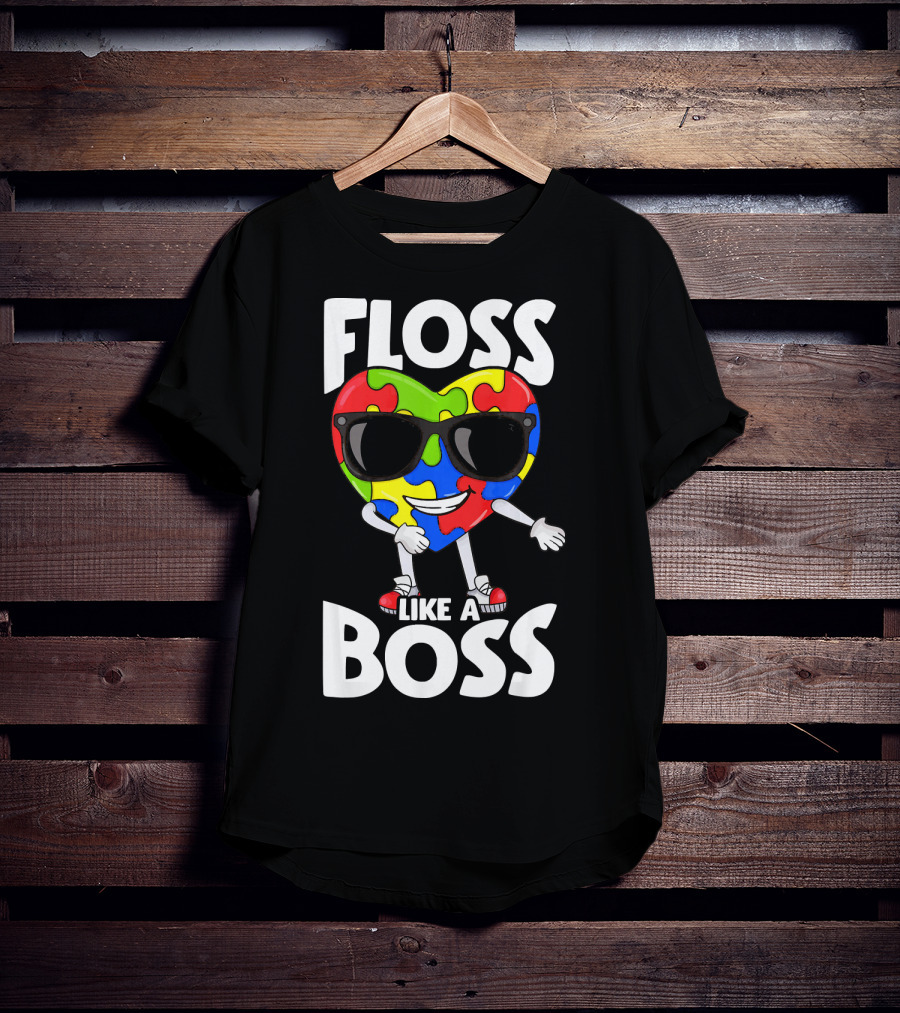 Autism Awareness Floss Like A Boss Puzzle Heart Wearing Sunglasses T-Shirt