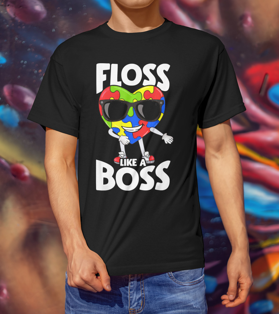 Autism Awareness Floss Like A Boss Puzzle Heart Wearing Sunglasses T-Shirt