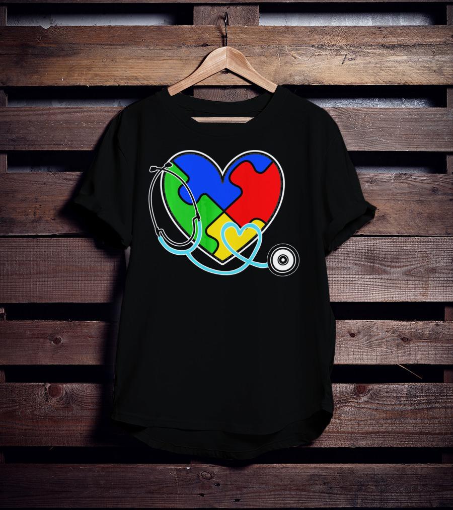 Nurses Autism Awareness Heart With Puzzle Pieces And Stethoscope T-Shirt