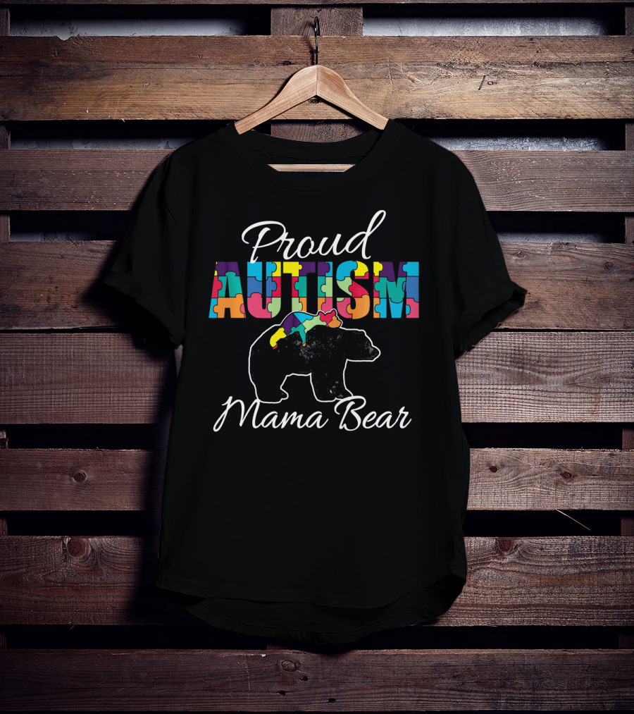 Proud Autism Mama Bear Puzzle Piece Awareness T-Shirt