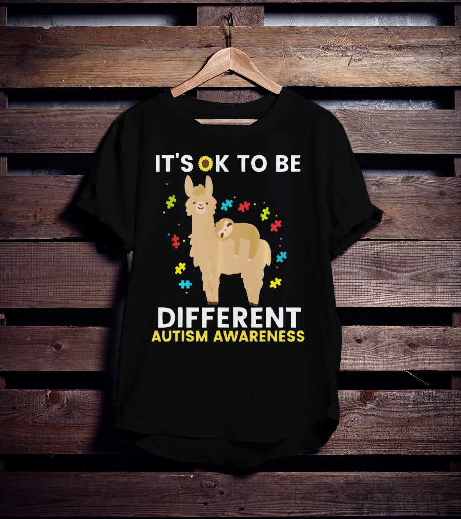 It's OK To Be Different Llama Sloth Autism Awareness T-Shirt