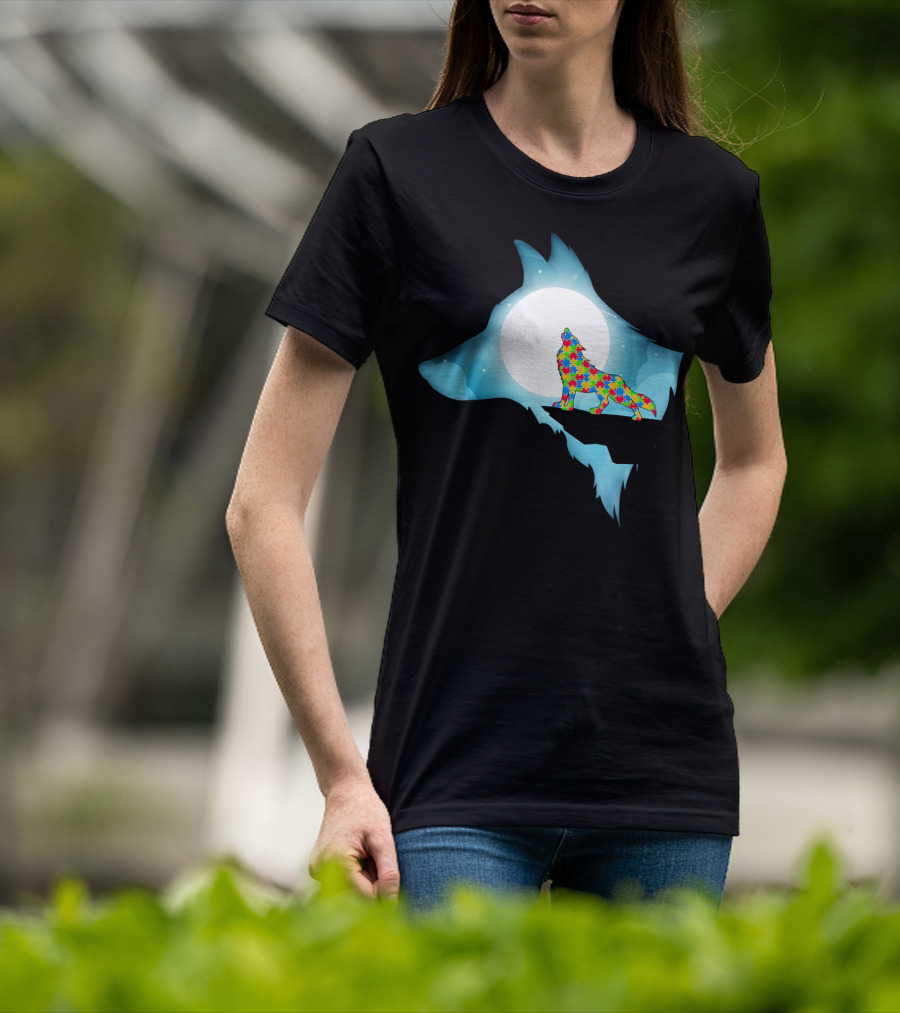 Wolf Wolf Autism Autism Awar Puzzle Wolf Moon T-Shirt