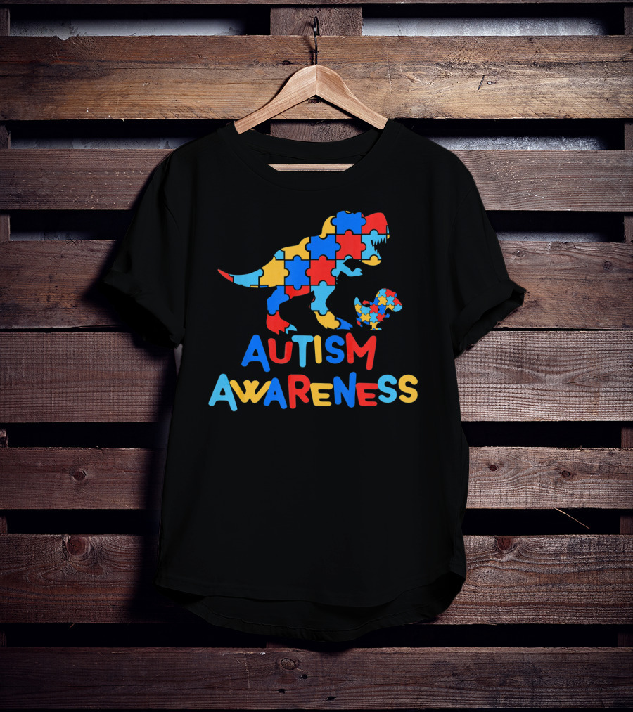 Dinosaur Puzzle Autism Awareness Colorful Piece T-Shirt