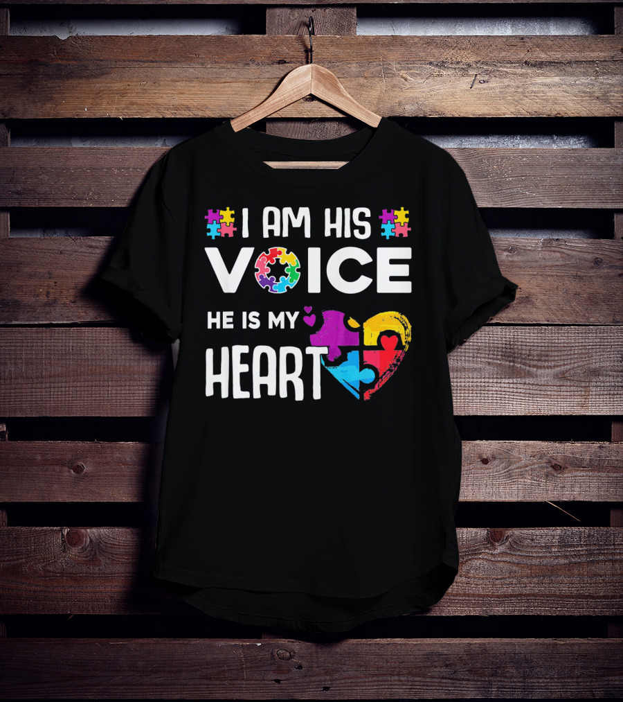 Autism Awareness I Am His Voice He Is My Heart Puzzle Piece Heart T-Shirt