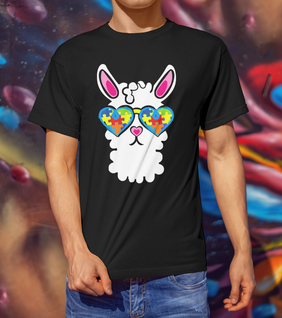 Autism Awareness Llama Heart Puzzle Sunglasses T-Shirt