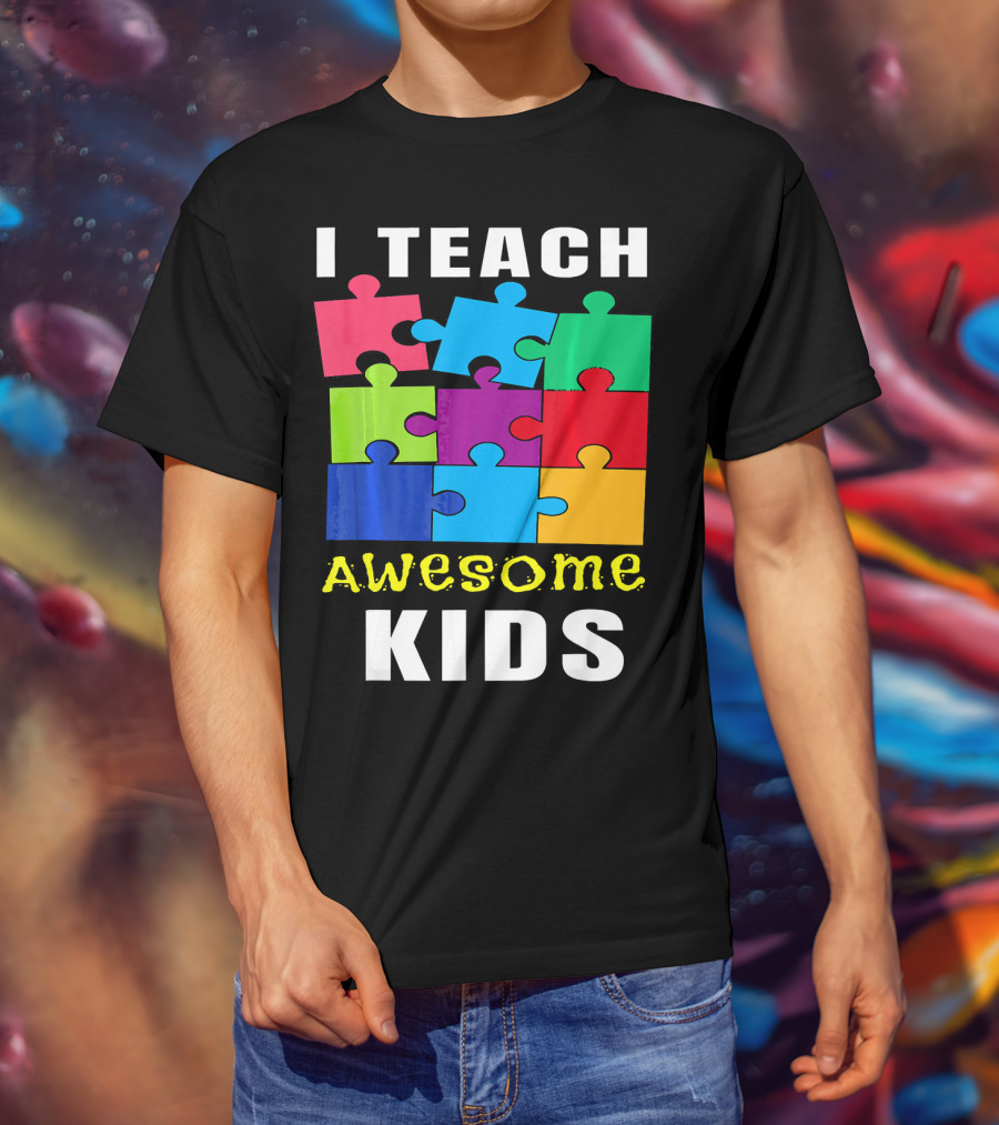 I Teach Awesome Kids Autism Awareness Puzzle Teacher T-Shirt