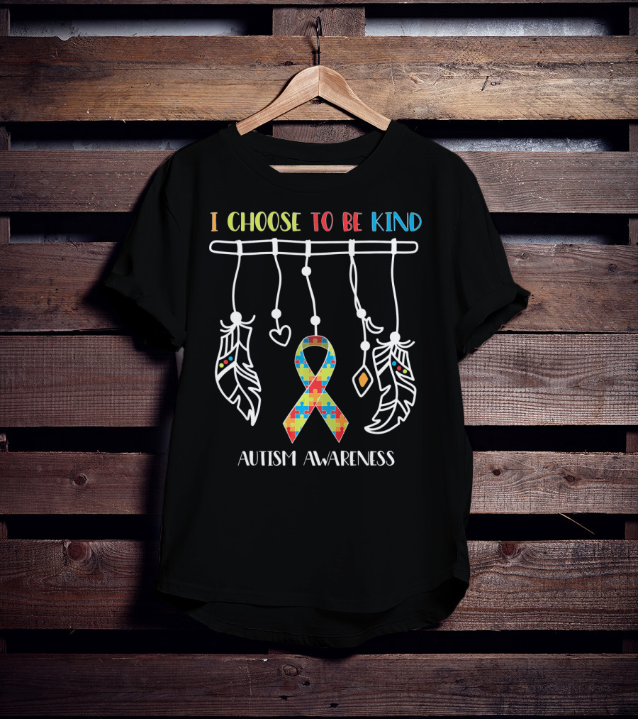 I Choose To Be Kind Autism Awareness Puzzle Ribbon With Dreamcatcher Feathers T-Shirt