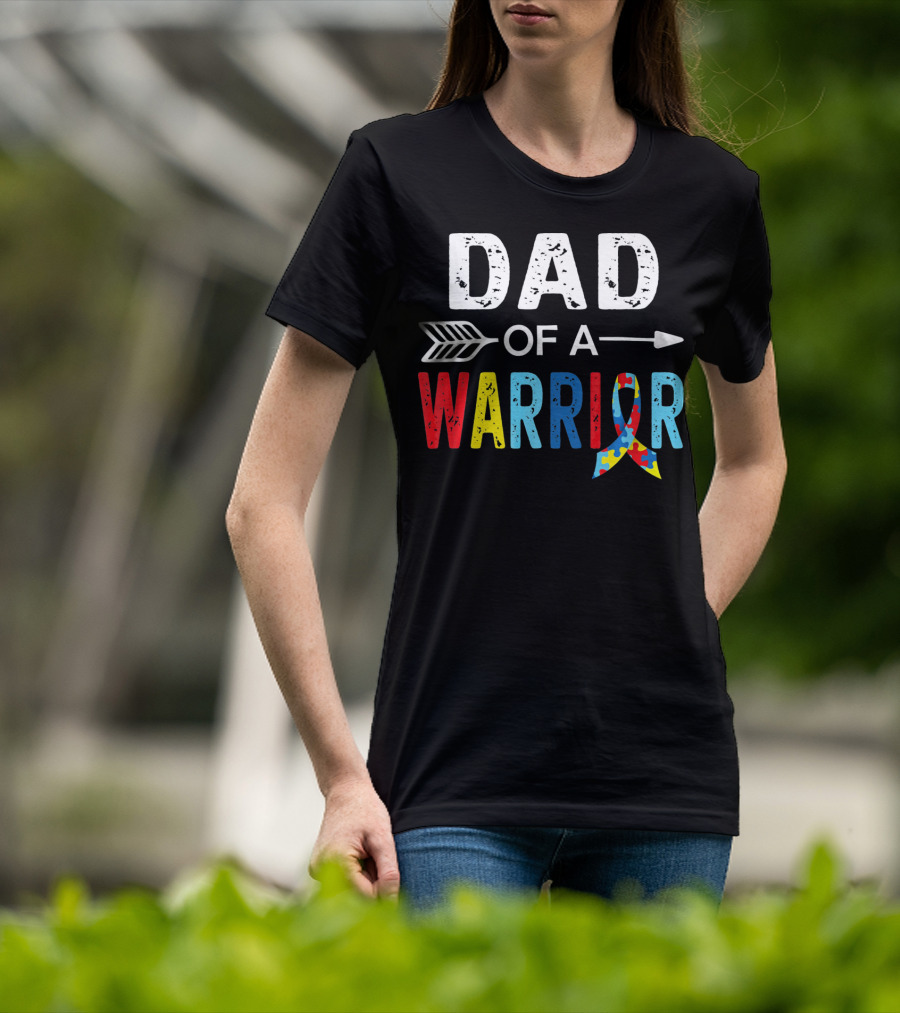 Dad Of A Warrior Autism Awareness Puzzle Ribbon Arrow T-Shirt