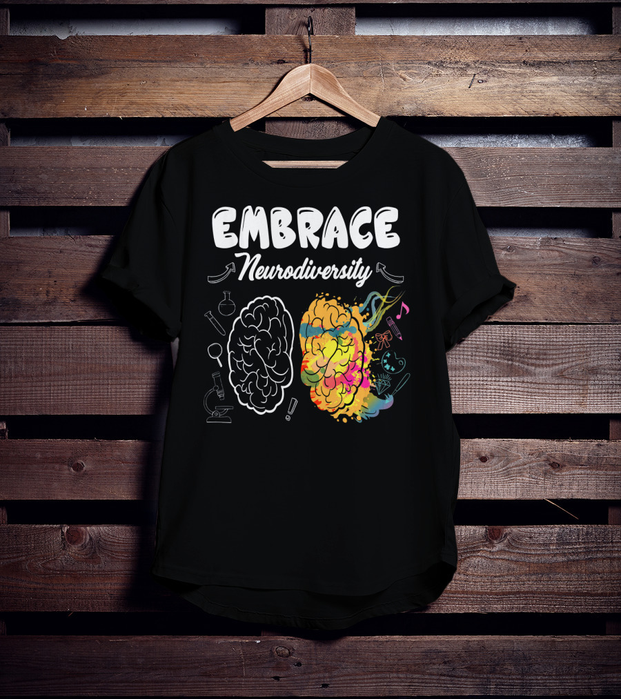 Embrace Neurodiversity Brain Autism Awareness Colorful Science Music Art Icons T-Shirt