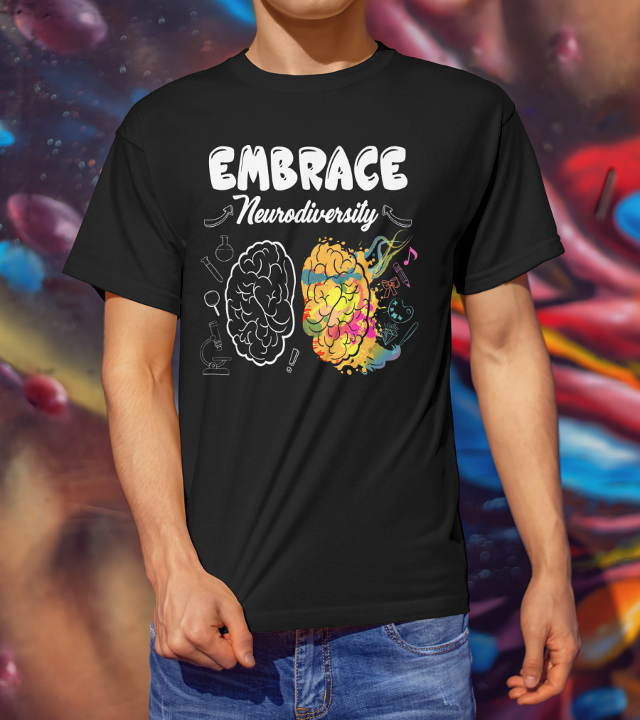 Embrace Neurodiversity Brain Autism Awareness Colorful Science Music Art Icons T-Shirt