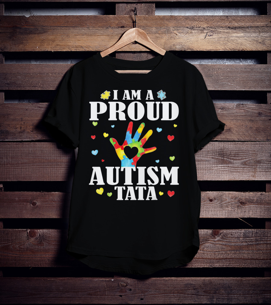 I Am A Proud Autism Tata Big Hand Hearts Puzzle Pieces T-Shirt