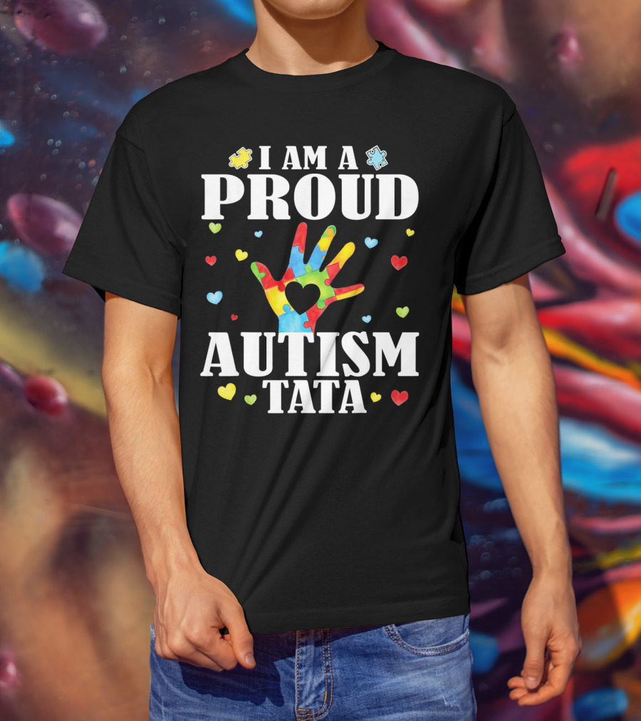 I Am A Proud Autism Tata Big Hand Hearts Puzzle Pieces T-Shirt