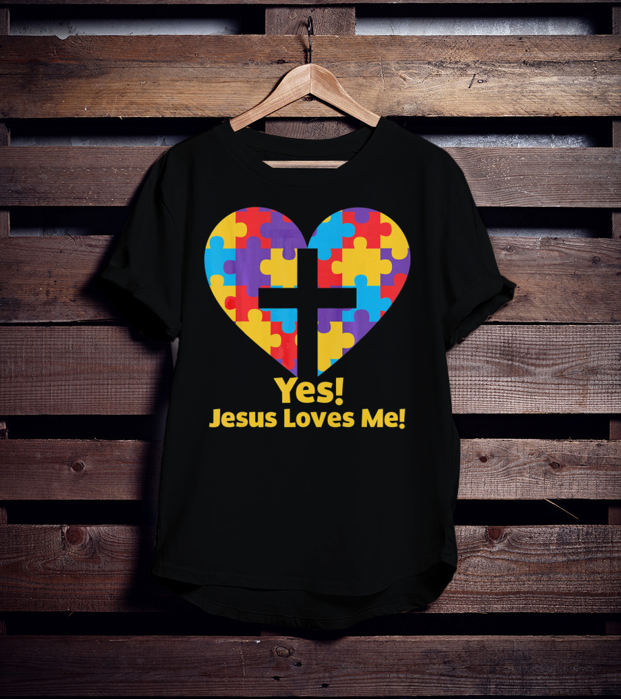 Yes Jesus Loves Me Autism Awareness Catholic Christian Cross Heart Puzzle T-Shirt