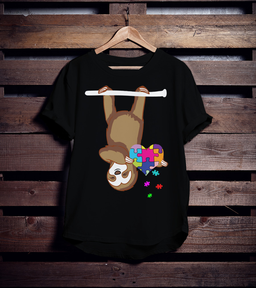Sloth Holding Puzzle Heart Autism Awareness T-Shirt
