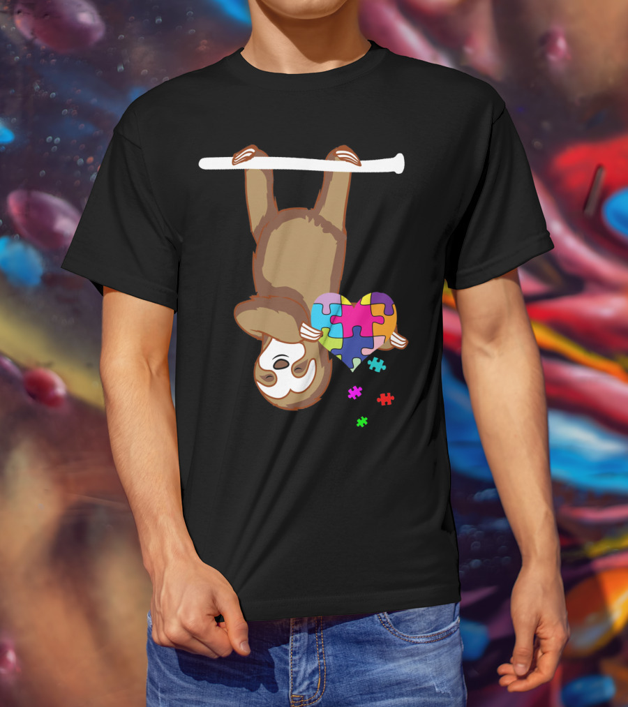 Sloth Holding Puzzle Heart Autism Awareness T-Shirt