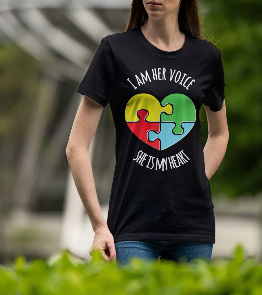 I Am Her Voice Autism Awareness She Is My Heart Puzzle Piece T-Shirt