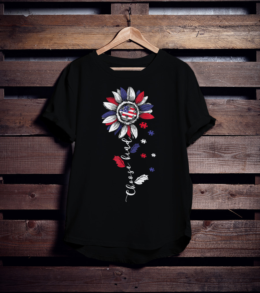 Patriotic Sunflower With Puzzle Pieces And Choose Kind Autism Awareness T-Shirt