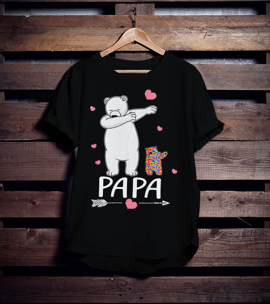 Papa Bear Dabbing With Autism Awareness Puzzle Bear And Hearts T-Shirt