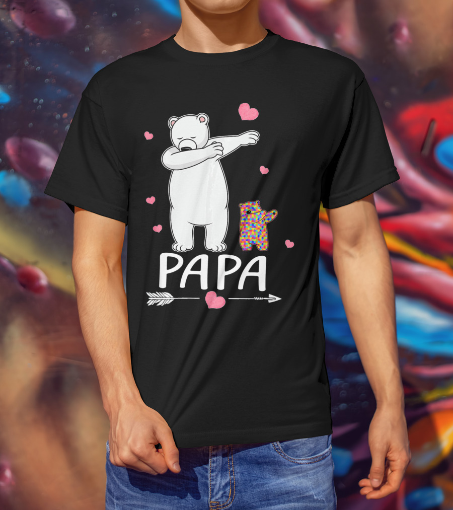 Papa Bear Dabbing With Autism Awareness Puzzle Bear And Hearts T-Shirt