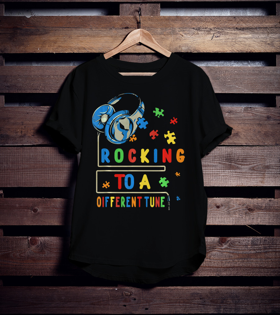 Rocking To A Different Tune Autism Awareness Headphones Puzzle Pieces T-Shirt