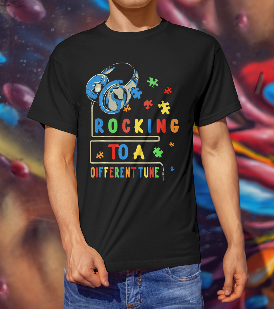 Rocking To A Different Tune Autism Awareness Headphones Puzzle Pieces T-Shirt