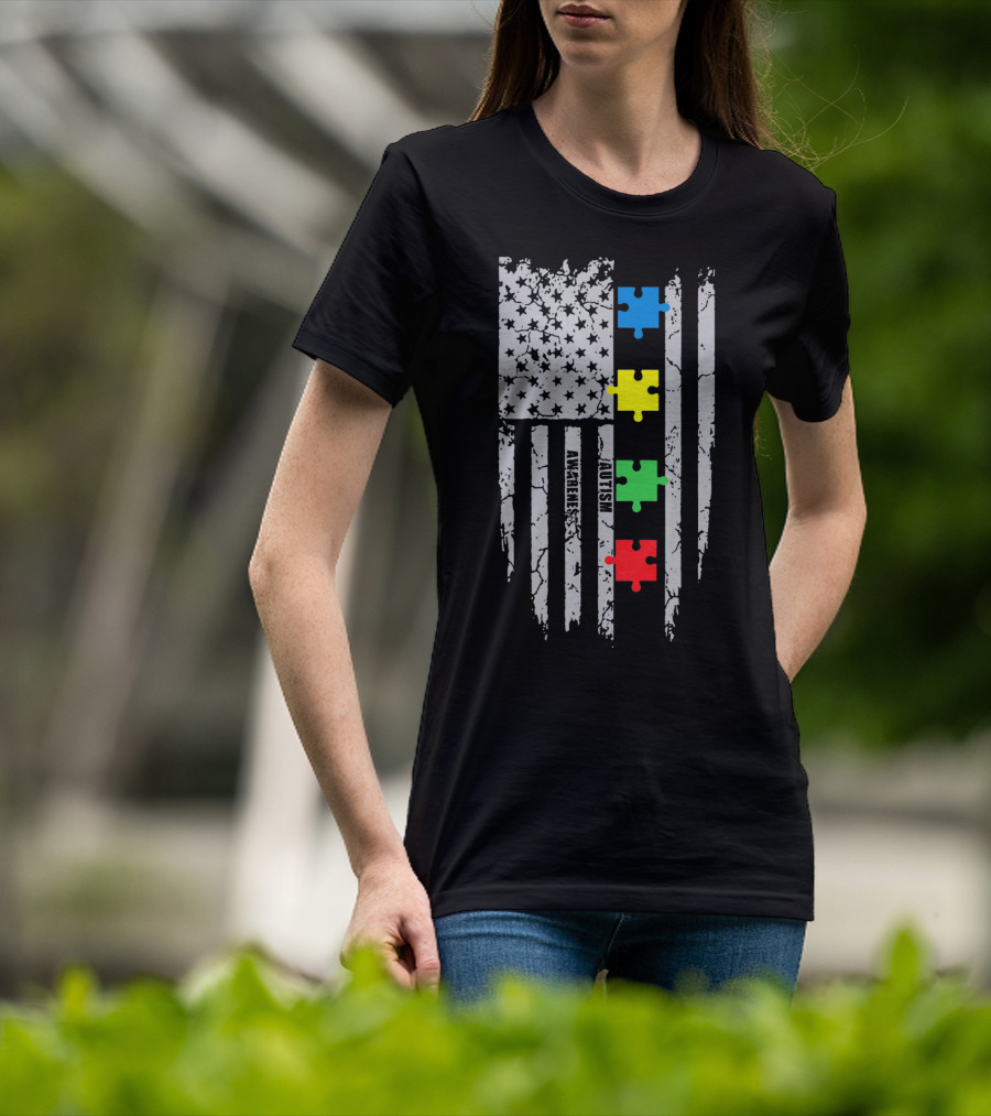 Autism Awareness Puzzle Flag With Colored Pieces T-Shirt