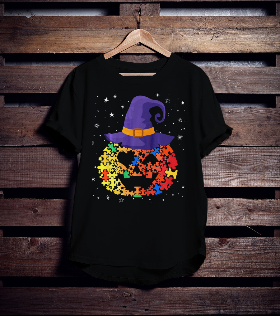 Pumpkin Autism Awareness Halloween Witch Hat Puzzle Piece T-Shirt
