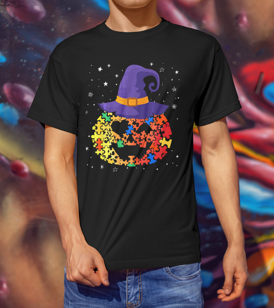Pumpkin Autism Awareness Halloween Witch Hat Puzzle Piece T-Shirt