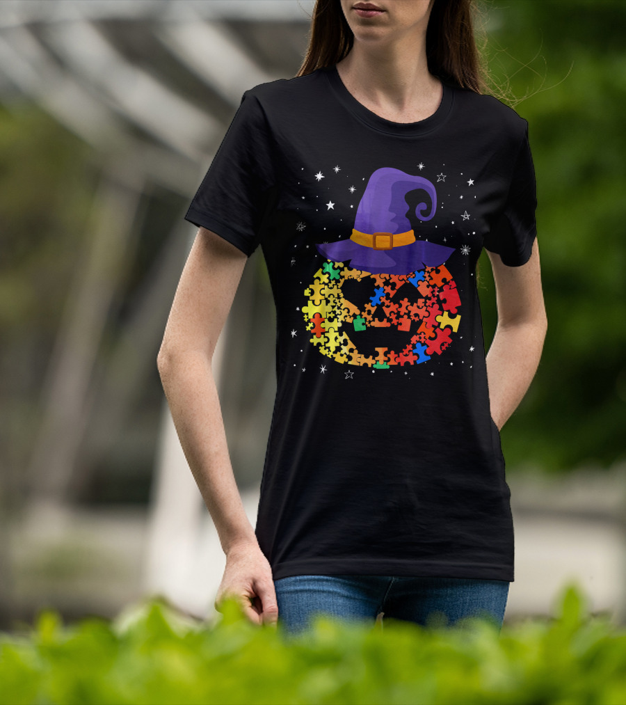 Pumpkin Autism Awareness Halloween Witch Hat Puzzle Piece T-Shirt