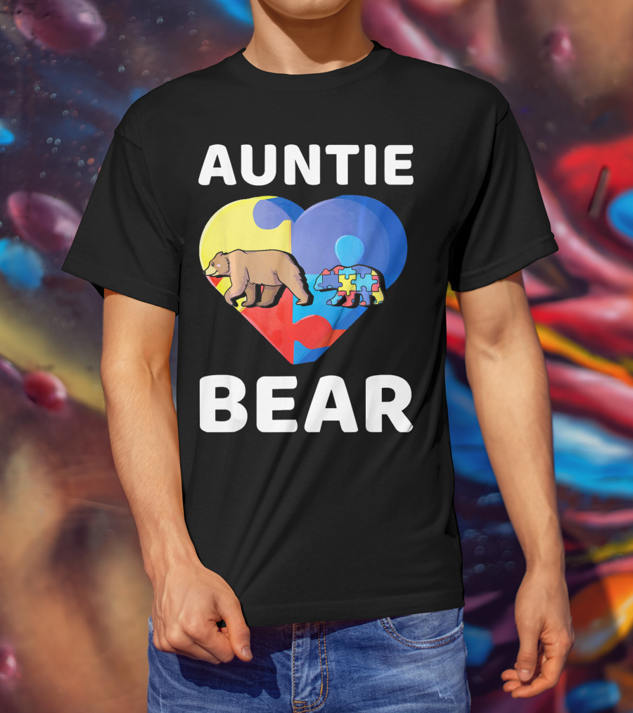 Auntie Bear Heart Puzzle Autism Awareness T-Shirt