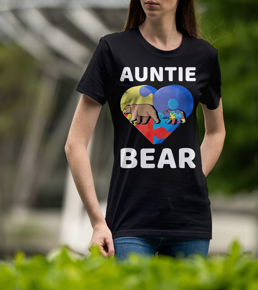 Auntie Bear Heart Puzzle Autism Awareness T-Shirt