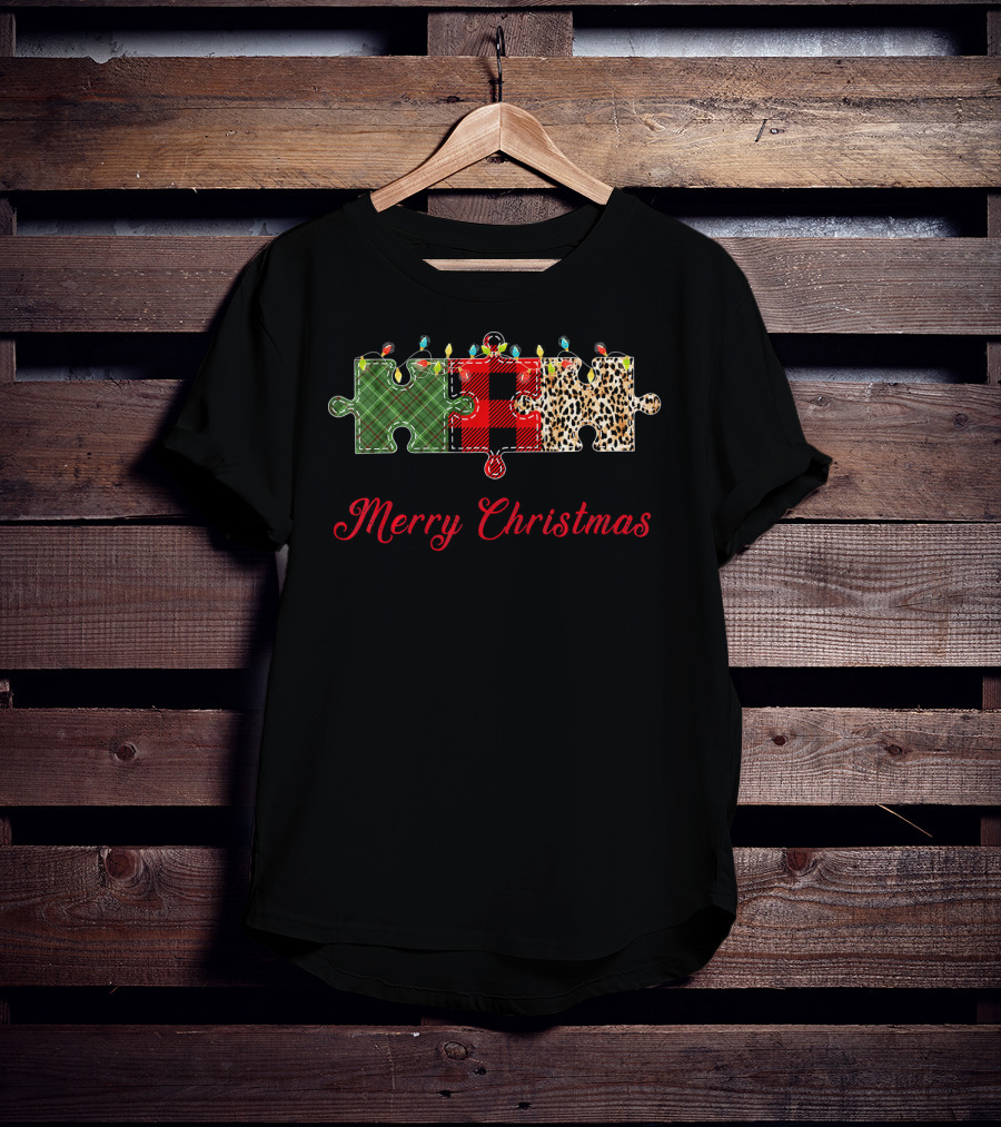 Merry Christmas Buffalo Plaid Leopard Puzzle Lights T-Shirt