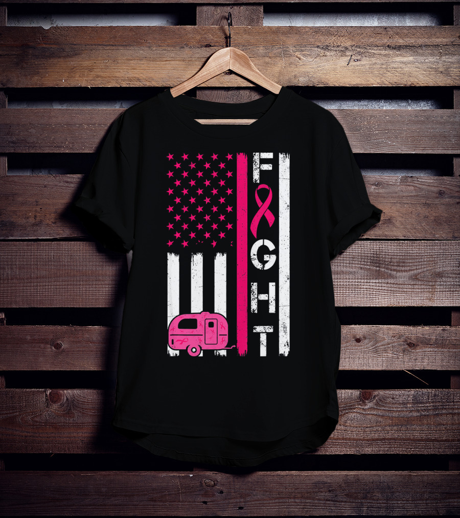 Fight Cancer Ribbon Camping Van American Flag T-Shirt