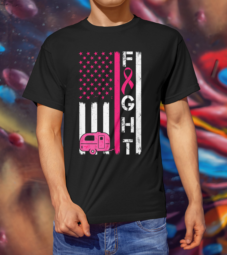 Fight Cancer Ribbon Camping Van American Flag T-Shirt