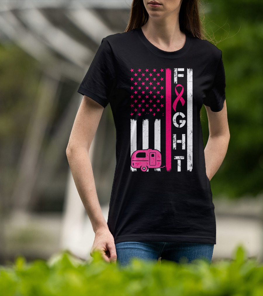 Fight Cancer Ribbon Camping Van American Flag T-Shirt