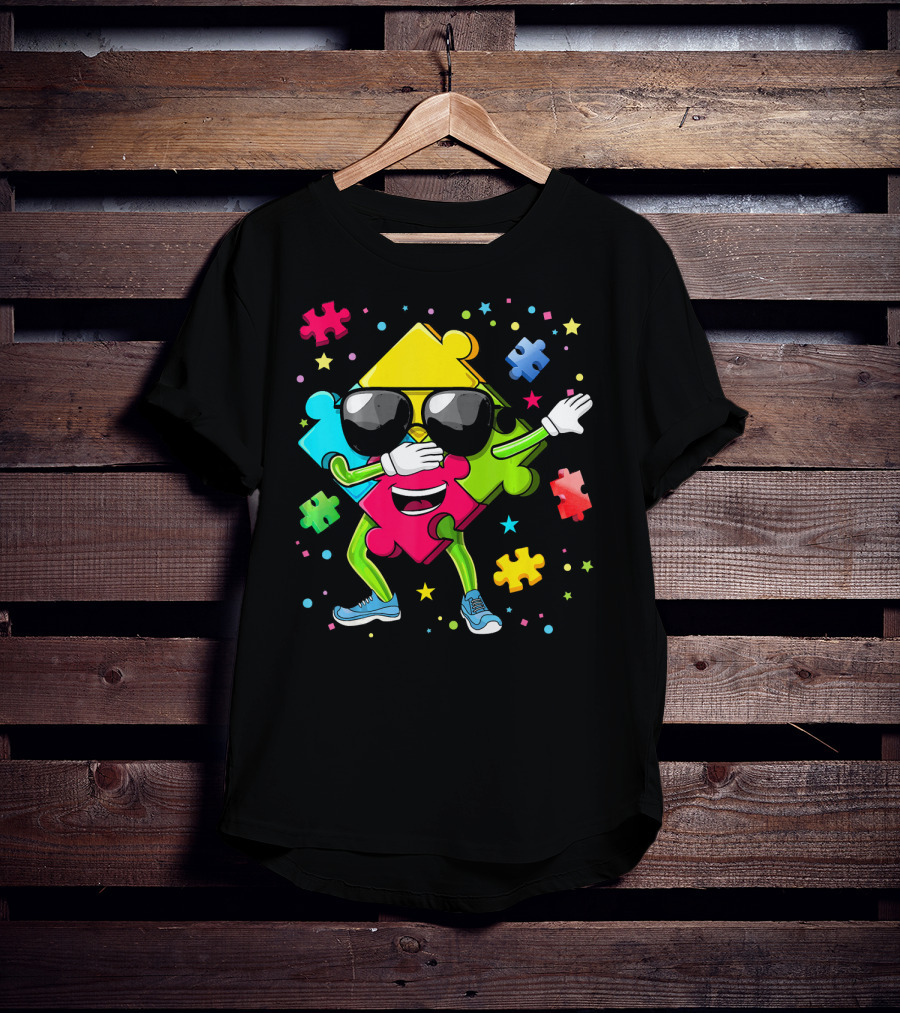 Dabbing Puzzle Piece Funny Autism Awareness Colorful T-Shirt