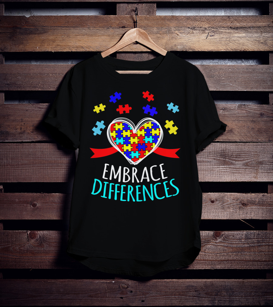Embrace Differences Autism Awareness Heart Puzzle Pieces T-Shirt